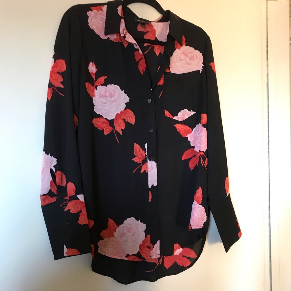 Who What Wear Pink Red Rose Floral Blouse Medium